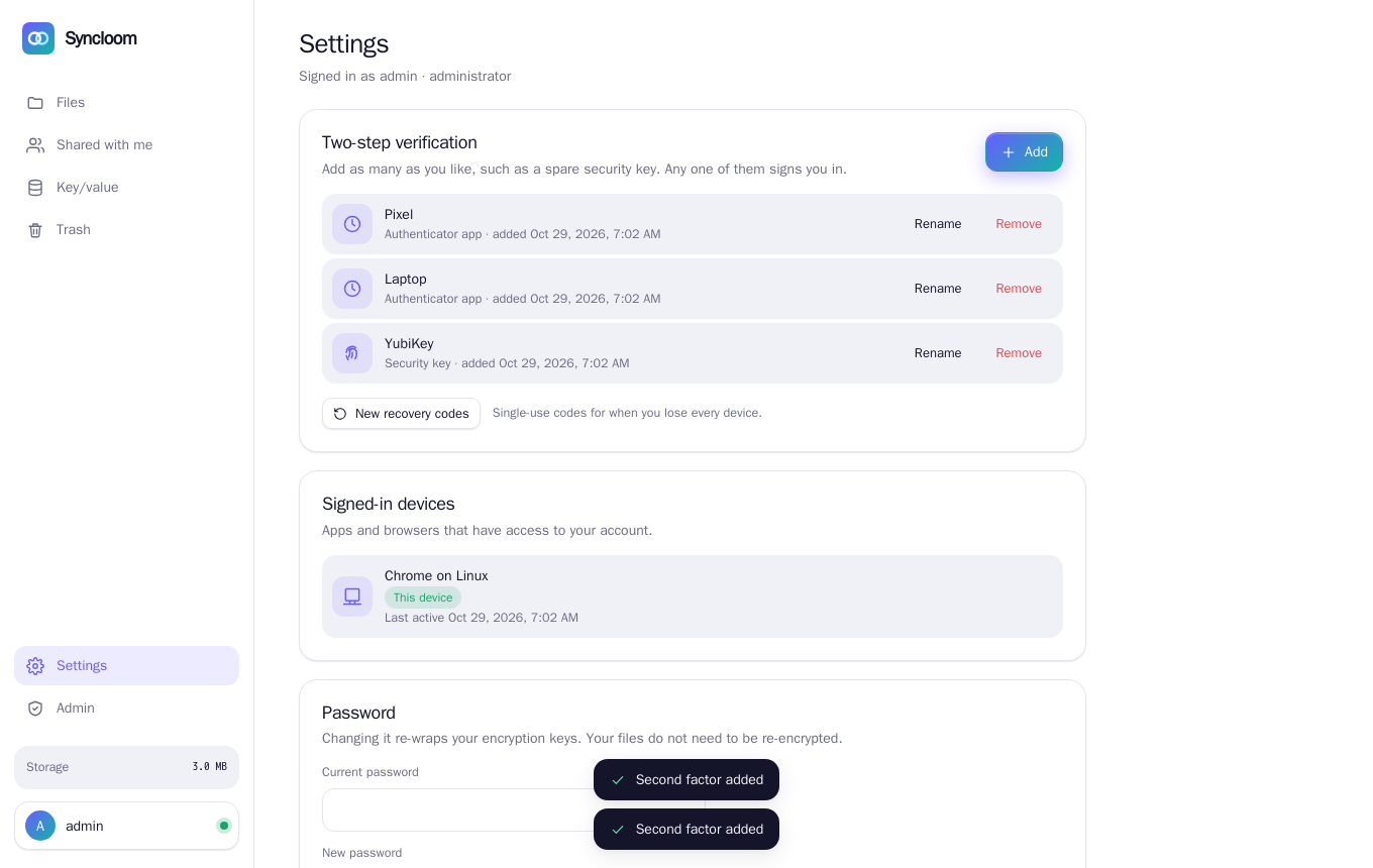 Two-step verification settings listing two authenticator apps and a security key